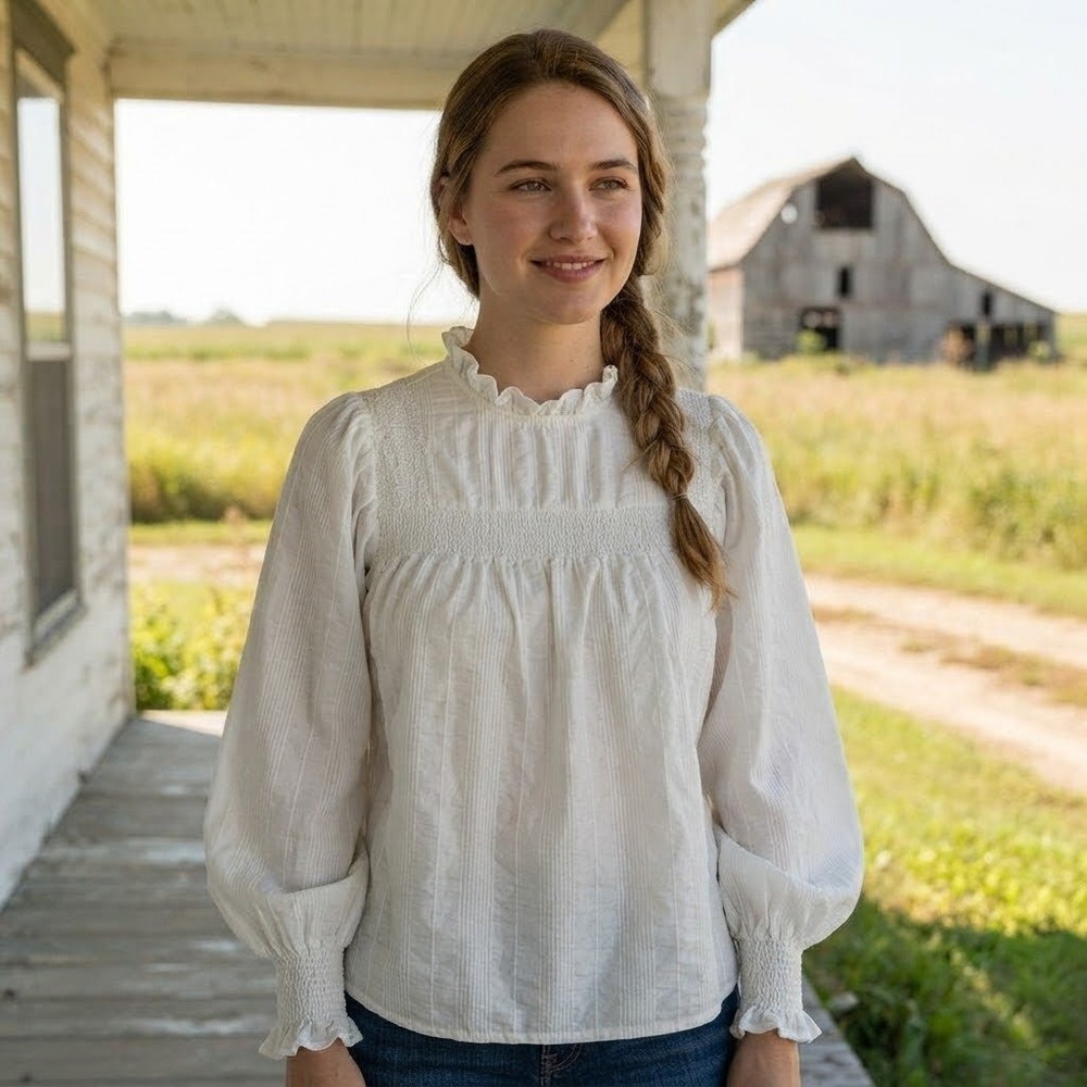 Smocked Blouse Womens Small White Ruffle Prairie Poet Cottagecore